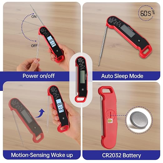 Lonicera Instant-Read Meat Thermometer, 1-Second, IP67 Waterproof, Red | Thermocouple sensor delivers readings in 1 second with ±0.9°F accuracy, plus IP67 waterproofing, auto-rotate and wake