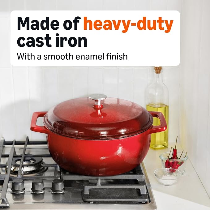 Amazon Basics Enameled Cast Iron Dutch Oven Pot with Lid, Round, Dual Handles, Heavy-Duty, Oven Safe for Stews, Roasting, Baking, 7.3-Quart, Red