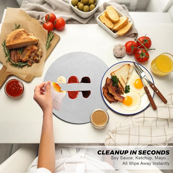 UnivoColors Placemats Round Faux Leather Placemats Set of 6-Waterproof-Wipe Clean-Heat Resistant-Anti Slip Dining Table Place Mats,Suitable for Indoor & Outdoor Use,15".Silver
