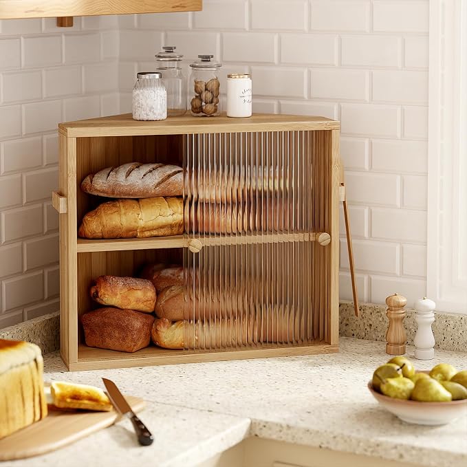 Corner Bread Box with Sliding Acrylic Doors, Double Layer Bread Bin | Bread Box for Kitchen Countertop, Bamboo Bread Storage Container, Large Capacity Vintage Farmhouse, Natural, Meduim