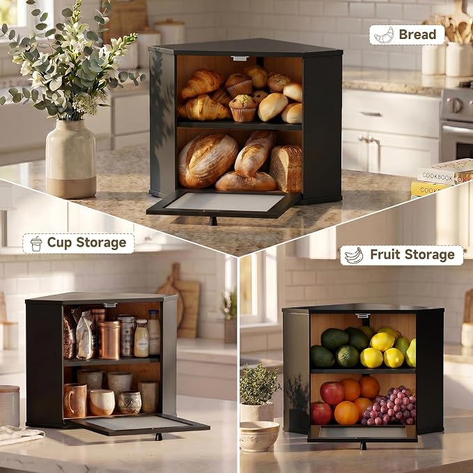 Bread Box for Kitchen Corner Countertop,Large Bread Basket (Black, Large) | Double Layer Bamboo Bread Storage Container for Kitchen Countertop,Height Adjustable