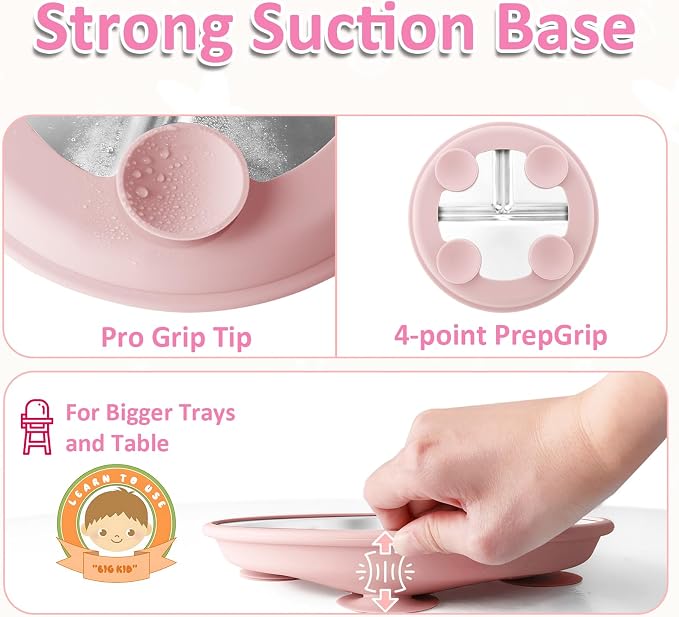 Bakpoco Stainless Steel Suction Plates for Toddlers, 9" Divided Kids Baby Plates with Removable Silicone Suction, Non Toxic Non Slip Portion Control Snack Dishes 3 Packs, Bright Orange/Blue/Green