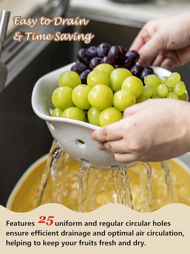 Gomakren Fruit Basket Set of 2, Ceramic Fruit Bowl Berry Basket with Holes, 7.6 Inch Fruit Containers Colander for Fridge - Farmhouse Kitchen Decor, Cream White