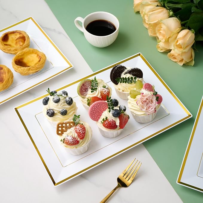 FOCUSLINE 8 PCS Plastic Serving Trays for Party, White Gold Rim Platters | Durable Construction, Elegant Appearance, Disposable and Reusable, Ideal for Parties, Weddings, Catering, Desserts