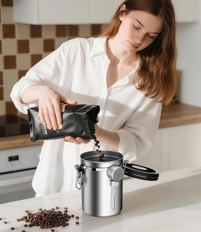 Coffee Gator Coffee Canister, 22oz Airtight Stainless Steel Container | w/ Date Tracker, Scoop,Valve, Kitchen Food Storage Jars for Beans,Ground, Rice, Tea, Sugar, Cookie, Bar Accessories, Silver