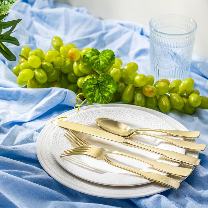 Alata Kate Champagne Gold Satin 20-Piece Silverware Set, Service for 4, Stainless Steel Flatware Set, Matte Polished Cutlery Set, Dishwasher Safe