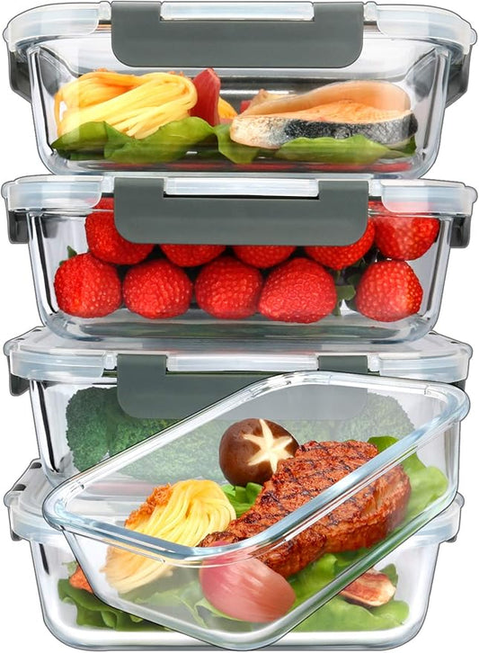 M MCIRCO 5 Pack 36 oz Glass Food Storage Containers with Lids,4.5 Cups,Gray | Glass Meal Prep Containers,Airtight Lunch Containers with Lids, Microwave, Oven, Freezer and Dishwasher Friendly, BPA Free