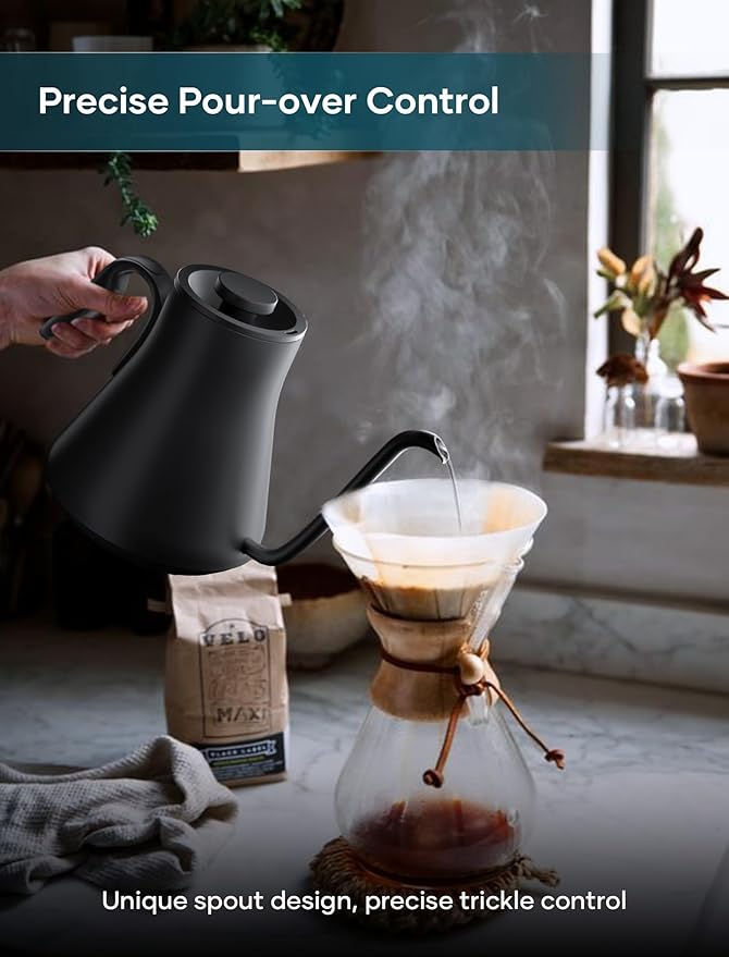 INTASTING Gooseneck Electric Kettle with 1℉ Temperature Control, 0.9 Liter | Fast Heating, Stainless Steel Interior, for Pour Over Coffee, Tea & Boiling Water, Keep Warm, Auto Shut-Off, 1200W, Black