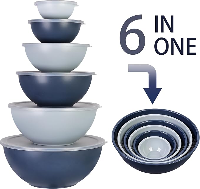 BoxedHome BPA Free Plastic Round Mixing Bowl with Lids, 12 Pack Nesting Bowls with Lids Set, Microwave and Dishwasher Safe Prep & Serving Bowls Great for Mixing, Baking, Serving (Haze Blue, 12pcs)
