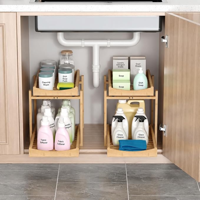 MHXW SXPN Bamboo Under Sink Organizer, 2 Pack Pull Out Cabinet Organizer | 2 Tier Vertical Smooth Slide Out Undersink Storage Shelf | Multi-Purpose Organizer Shelves for Kitchen Bathroom Medicine