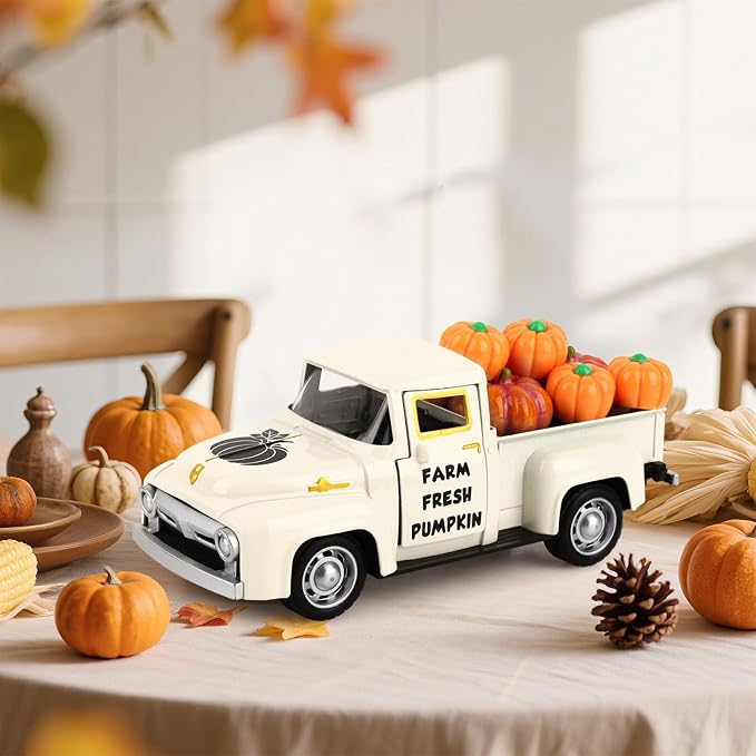 Hooqict Fall Pumpkin Truck Thanksgiving Decor with 8 Pumpkins Mini Metal Truck Vintage Pickup Car Model for Fall Autumn Harvest Thanksgiving Table Decorations Kitchen Farmhouse Tiered Tray Decor