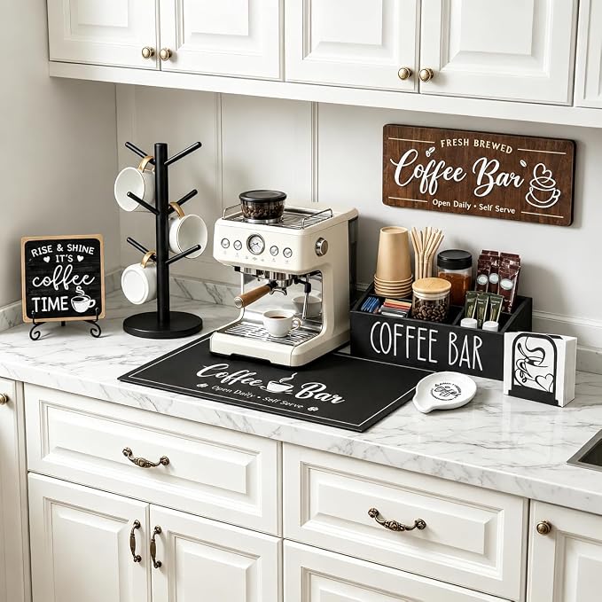 7-Piece Coffee Bar Accessories Set, Farmhouse Coffee Bar Organizer Kit | Coffee Bar Essentials Bottle Organizer for Countertop, Coffee Station Organizer with K-Cup Holder Mat Spoon Rest and 2 Signs