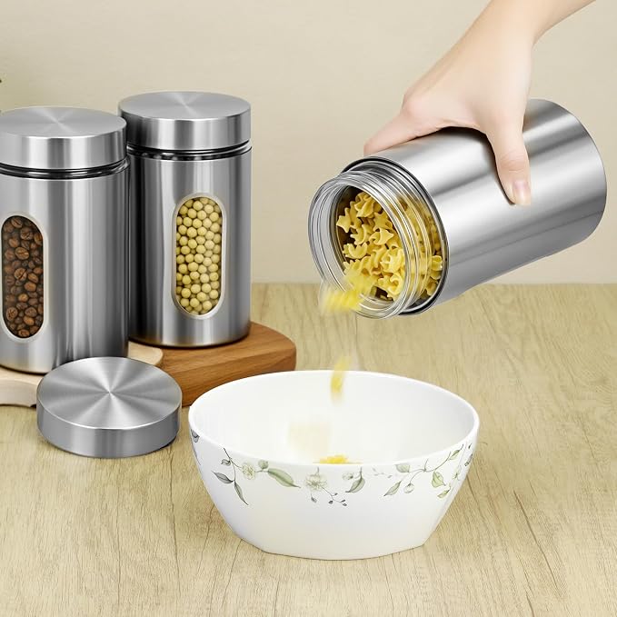 QWORK Stainless Steel & Glass Airtight Kitchen Canisters Set, 3 Pack 32 oz Coffee, Sugar, Tea, and Candy Storage Jars with Large Transparent Windows, 32 oz Laege Capacity