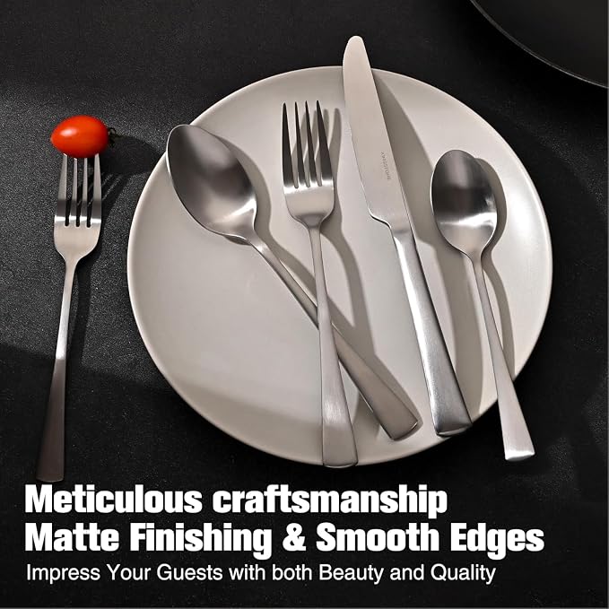 18/10 Flatware set for 12, 60 Piece Matte Stainless Steel Silverware Set | KINGSTONE Forged Flatware Cutlery Set, Mirror Polished Knives Fork and Spoon Utensils, Dishwaher Safe for Home Wedding Party