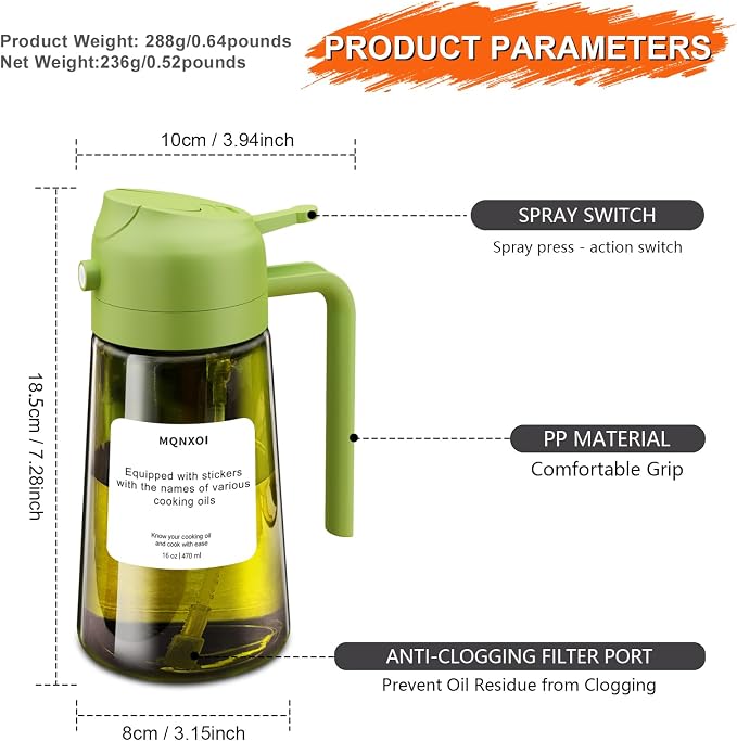 Olive Oil Sprayer for Cooking, 16oz Glass 2 in 1 Oil Dispenser Bottle | Light Blocking, BPA-Free Food Grade, Fine Mist Precise Control, Air Fryer BBQ Salad, Leakproof Anti-Clog, Pre-Printed Labels