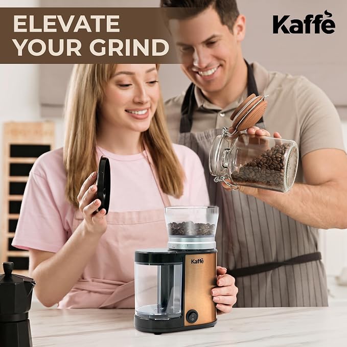 Kaffe Electric Burr Coffee Grinder (5.5oz) w/Adjustable Precise Coarseness Settings - Flat Burr - [Improved Motor] - Precision Coffee Bean Grinder for Home Use - Copper