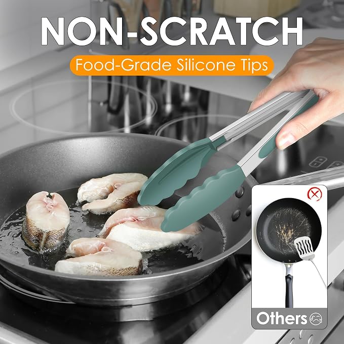 HOTEC Premium Stainless Steel Locking Kitchen Tongs with Silicon Tips, Set of 3-7", 9" and 12" (Neutral Color)