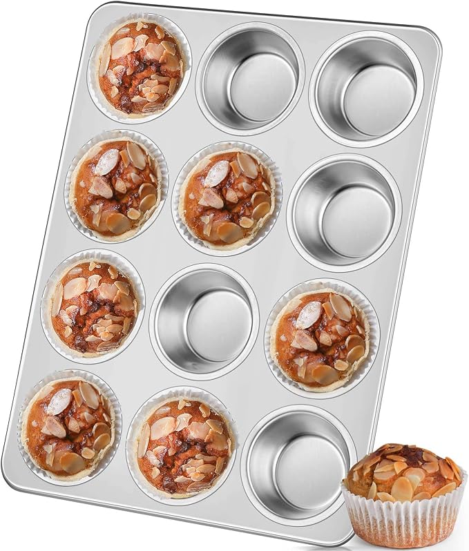 Leonyo Non-Toxic Stainless Steel Muffin Pan Metal Cupcake Pan 12 Cup | Standard Size Metal Muffin Tin Tray for Baking Cupcake Quiches, Dishwasher Oven Safe