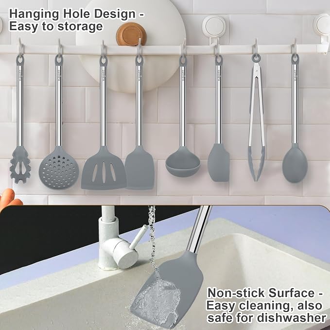 Vayvnt 8 PCS Cooking Utensils Set, Non-toxic Silicone Utensils, Gray | Heat Safe to 480℉, Dishwasher Safe, Stainless Steel Long Handle, Food Grade Silicone, Non Scratch, for Non Stick Cookware
