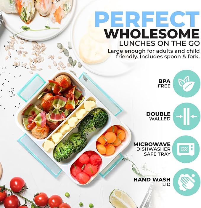 kinsho Bento Lunch-Box for Adults Kids Lunches, Portion Control Container Boxes for Women Girls Boys | Leak-Proof Snack Containers, BPA-Free Utensils 5 Compartments | Blue & Green 2 Pack Set