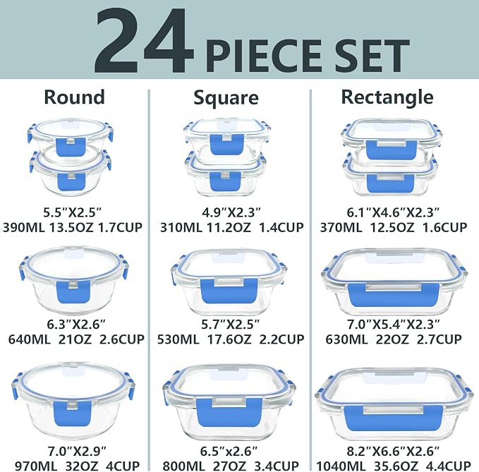12 Pack Glass Food Storage Container Set with Lids Non Toxic, Stackable Borosilicate Glass Meal Prep Containers, Microwave, Oven, Freezer and Dishwasher Safe (Blue-12)