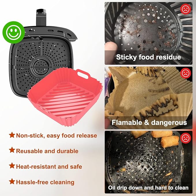 3 Pcs Silicone Air Fryer Liners Square Airfryer Liners 4-7 QT 7.1 Inch Reusable Air Fryer Silicone Pot Oven Liner Baking Tray, Air Fryer Basket Silicone Mat Bowl Air Fryer Accessories Kitchen Gadgets