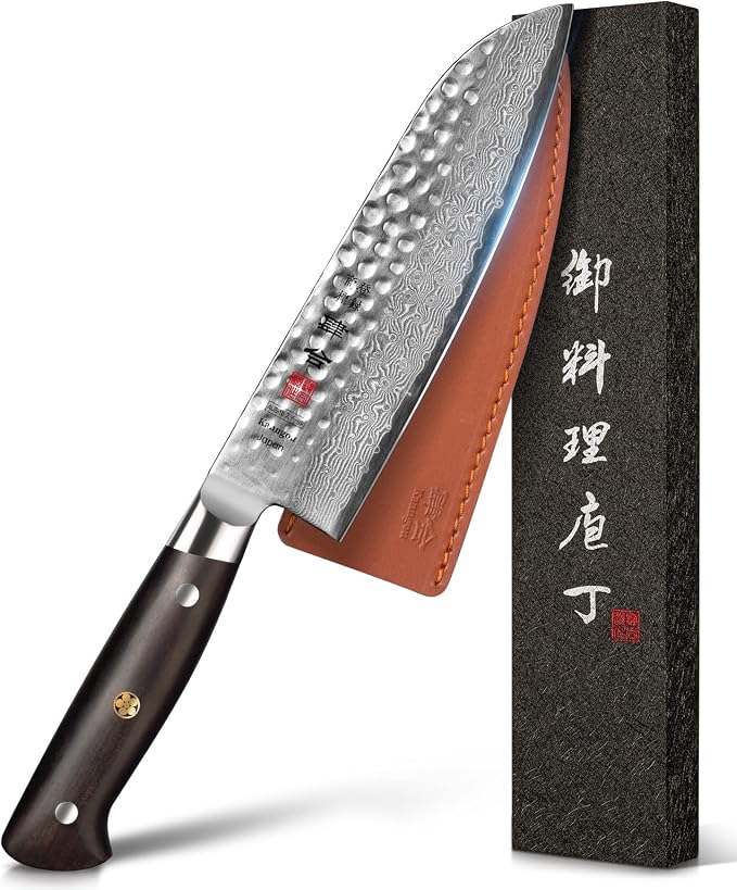 Japanese Chef Knife Kitchen Knife with 67 Layers Damascus Steel AUS-10 Core, Professional Damascus Knife with Full-Tang Ebony Wood Handle and Premium Gift Box (7 Inch Santoku Chefs Knife)