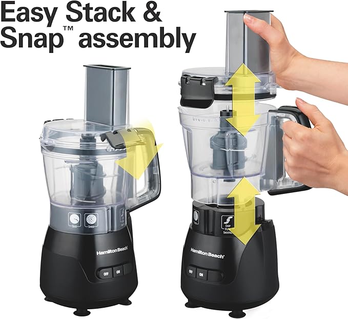 Hamilton Beach Stack & Snap 4-Cup Mini Food Processor & Vegetable Chopper | 250 Watts | Stainless Steel Quad Blade | Easy-Assembly Leak-Proof Bowl | Slicing, Shredding, and Puree | Black | 70510