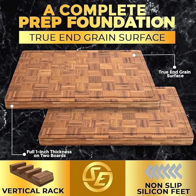 SliceElite Extra Large Bamboo Cutting Board Set 3 Piece End Grain Wooden Chopping Boards with Holder Non Slip Feet Juice Groove XL Butcher Block Style Boards for Kitchen Carving and Serving