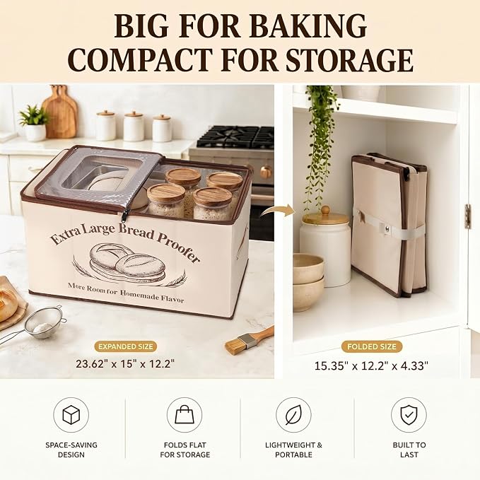 XL Bread Proofing Box Foldable Bread Proofer 23.6" Long Sourdough Warmer | NTC Temp Control 68-122°F, 0-48H Timer, 3-Side Heating, Honeycomb 6-Layer Insulation, Fits Multiple Doughs