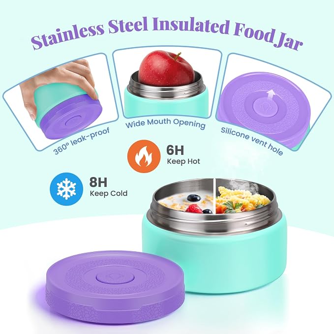 HWONMTE Bento Lunch Box Set for Kids with Soup Thermo Food Container Adults | Bento Lunch Box Set for Kids with 9.5oz Soup Thermo Leak-Proof Food Container with Insulated Lunch Bag Hot Food Jar Girl