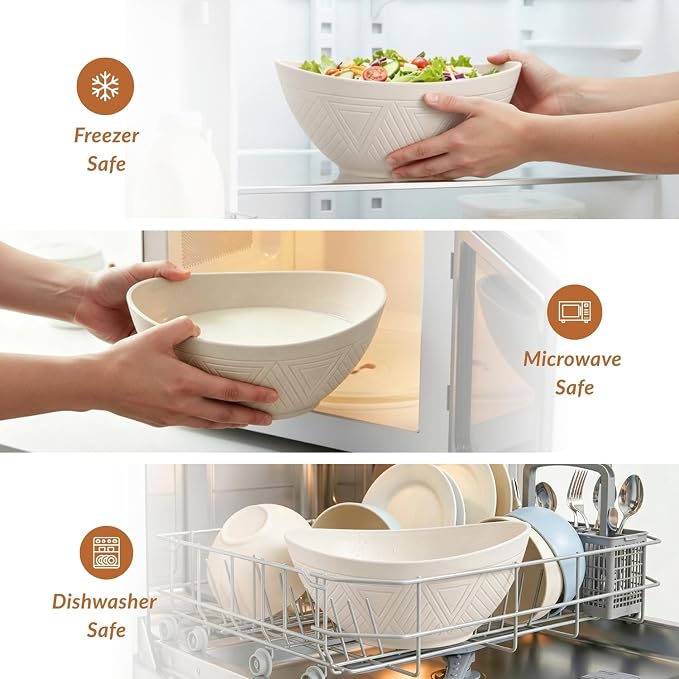 Salad Bowls Set of 6, 60 OZ Large Wheat Straw Bowls for Kitchen, Camping, Party, Unbreakable Lightweight Popcorn Bowl, Microwave and Dishwasher Safe Bowl Set with Unique Texture - Beige