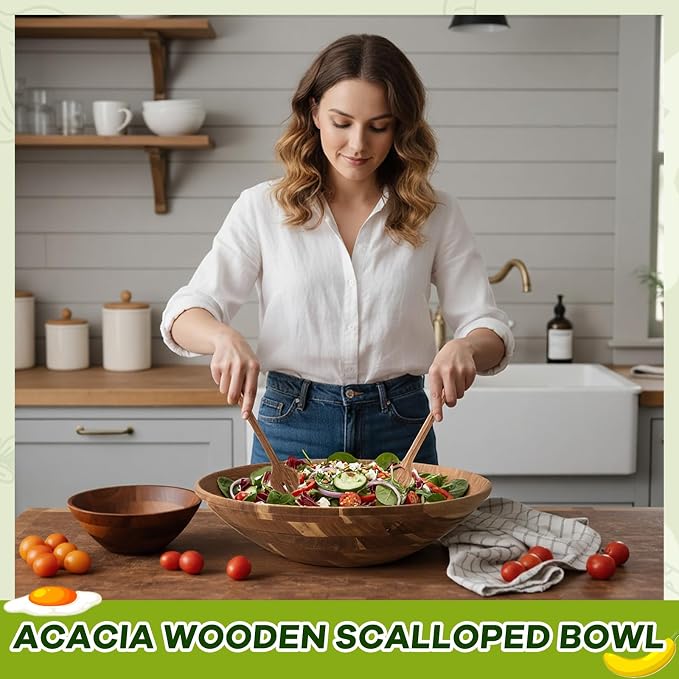 Geiserailie Extra Large 16 Inch Acacia Wood Salad Bowl Set Wooden Serving Bowl with Serving Utensils for Fruits, Pasta, Salad Farmhouse Kitchen for Housewarming Wedding Christmas Gift
