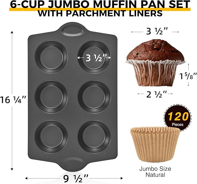 Nonstick Jumbo Muffin Pan, 2 Pack Large Cupcake Tin with 120pcs Muffin Liners, Cup Cake Tray for Baking, 3.5dia, 6 Cup, Premium, Extra Thick