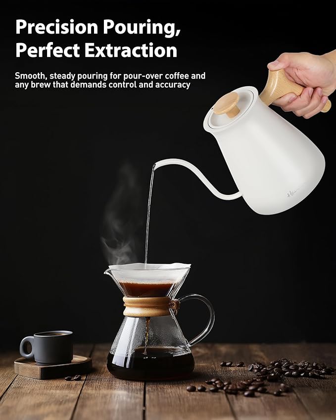 Harriet Gooseneck Electric Kettle, 0.8L, 1°F Control, Brew Timer | 120-Min Keep Warm, 104–203°F Control, Built-In Brew Timer, SUS304 Stainless Steel, Wood-Accent Handle for Pour-Over Coffee