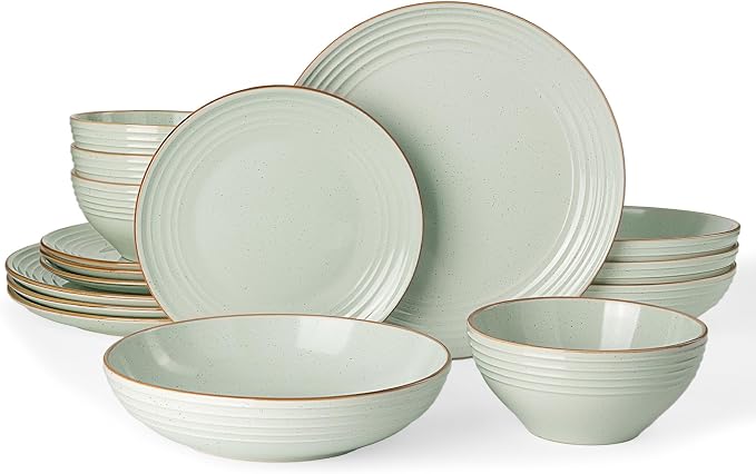 Famiware Jupiter Stoneware Dinnerware Sets with Pasta Bowls, Dishes for 4 | 16 pcs Speckled Plates and Double Bowls with Rim, Chip & Scratch Resistant, Microwave & Dishwasher Safe, Modern Neutral Green