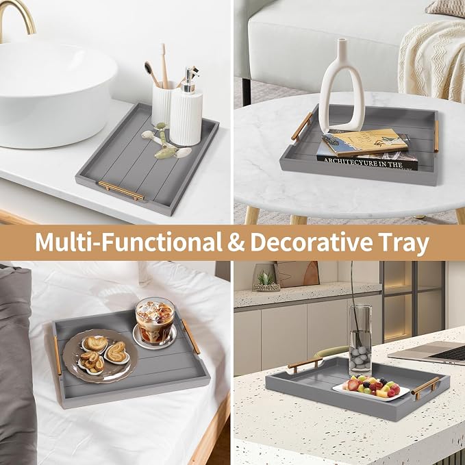 SXNOWS Wooden Serving Tray with 2 Sets of Handles,Gray | 16.5x13 Inch Large Ottoman Tray Platter for Coffee Table Living Room Breakfast in Bed Party, 4 Round Coasters Included