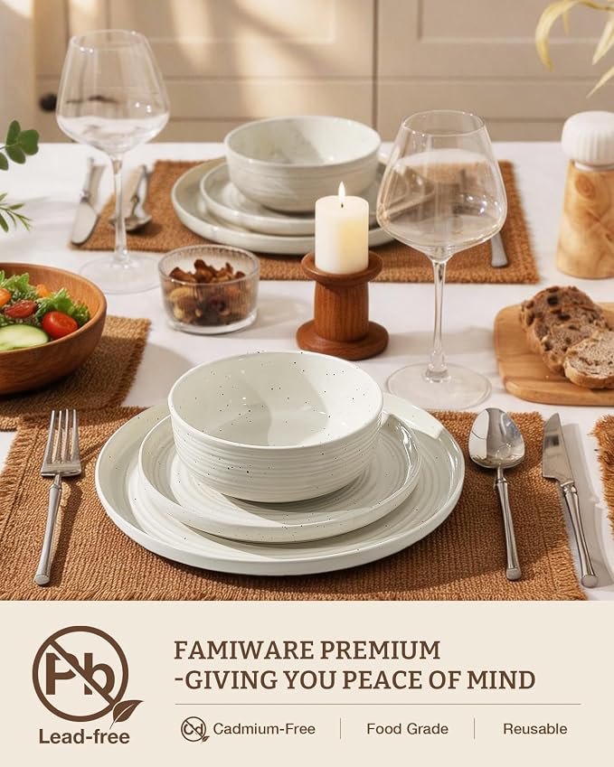 Stoneware Dinnerware Sets for 8, Plates and Bowls, Cream | 24-Piece Ceramic Speckled Spiral Dishes, Chip & Scratch Resistant, Microwave & Dishwasher Safe, Everyday Use, Farmhouse Style
