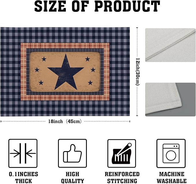 Western Placemat Set of 4 Primitive Stars Linen Washable Place Mat 18 x 12 Inch Navy Blue Red Classic Buffalo Plaid Decorative Farmhouse Country Desktop Decor Table Mat for Party Dining Kitchen Indoor