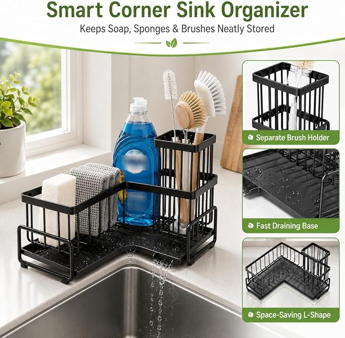L-Shaped Kitchen Sink Caddy, Large Capacity Sink Organizer for Countertop Corner, Multi-Purpose Kitchen Caddy with Sponge & Dish Brush Holder, Sponge Holder for Kitchen Sink to Keep Area Dry & Neat