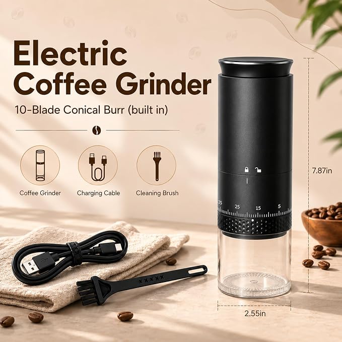 Portable Electric Coffee Grinder,Stainless Steel Conical Mill, USB-C Cordless Coffee Bean Grinder, 38 Adjustable Grind Settings for Espresso, Pour Over, French Press, Camping & Travel, 2000mAh Battery