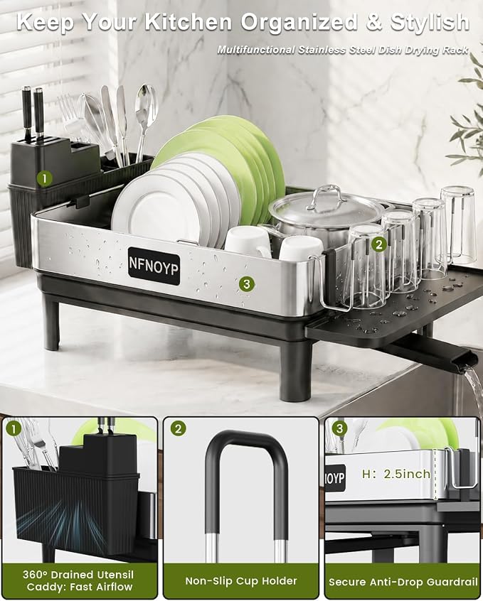304 Stainless Steel Dish Drying Rack for Kitchen Counter, Black | Large Capacity Rustproof Dish Rack with Auto Drain Spout, Removable Utensil & Cup Holders, Drainboard Set