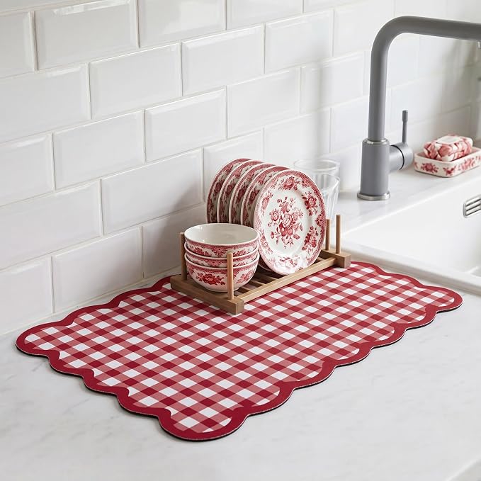 Red Scalloped Gingham Coffee Mat 12" x 20" Absorbent Bar Mat | Gingham Espresso Matt with Non Slip Rubber Backing for Coffee Countertops