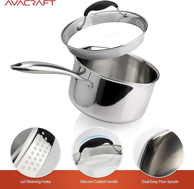 AVACRAFT 3.5 Quart Tri-Ply Stainless Steel Saucepan with Glass Strainer Lid | 18/10 Stainless Steel, Full Tri-Ply Body, Glass Strainer Lid, Pour Spouts, Induction Compatible, Oven Safe, Dishwasher Safe