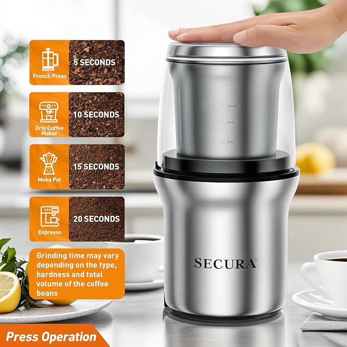 Secura Electric Coffee Grinder and Spice Grinder with 2 Stainless Steel Blades Removable Bowl | 2 Stainless Steel Blades Removable Bowls, For Spice, Coffee Bean, Dry and Wet Ingredients Grinding