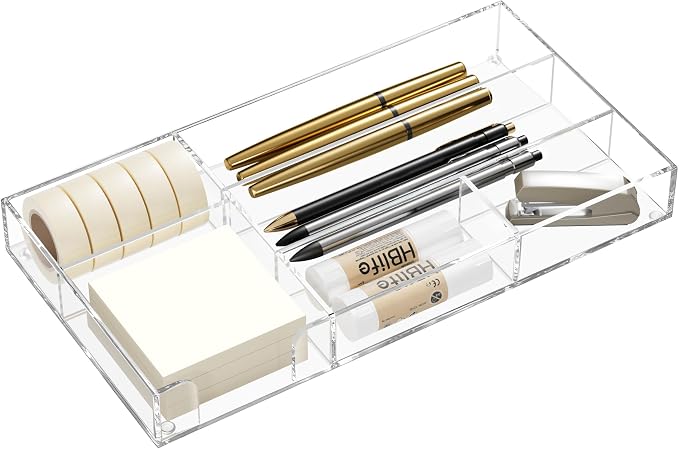 HBlife Acrylic Desk Drawer Organizer Tray with 6 Compartments, Small Clear Office Drawer Organizers and Accessories for Pens, Pencil, Makeup, Desktop, Bathroom and Kitchen, 11.65 x 6.1 x 1.38 Inch