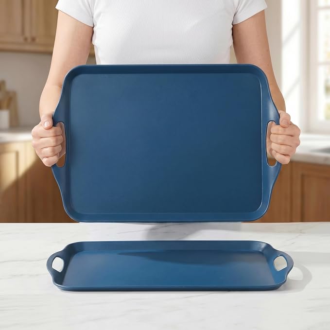 KINGEN 2-Pack Navy Blue Bamboo Fiber Serving Trays - 17.3×12.2-inch Extra Large w/Handles Tray, Platters for 4th of July, Christmas, BBQ, Picnic, Outdoor Dining - Durable, Lightweight (Classic Blue)