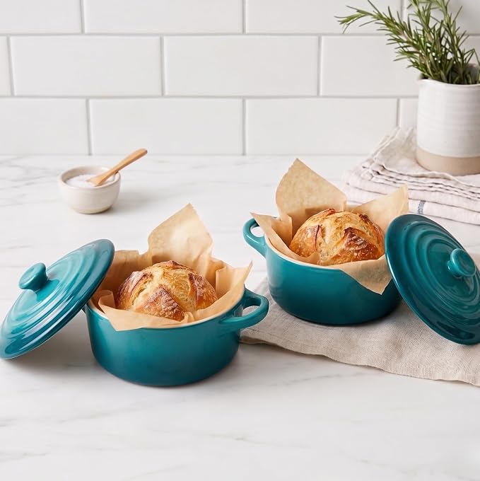 Kook Ceramic Mini Cocotte Set, Small Casserole Dishes with Lids and Handles, Individual Baking Ramekins, Oven Safe 350F, Microwave & Dishwasher Safe, Stoneware, 12 oz, Set of 4, (Aqua Ombre)