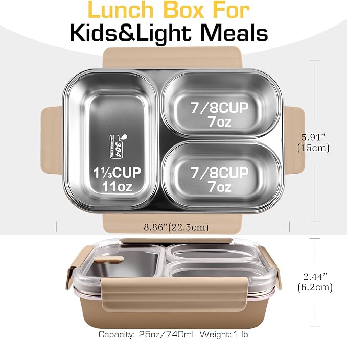 Stainless Steel Lunch Box, 3 Compartments Metal Bento Box for Kids, 25oz Lunch Container with Leakproof Lid, Divided Meal Prep Box for Adults, Kids - Ideal for Office, School, Healthy Eating
