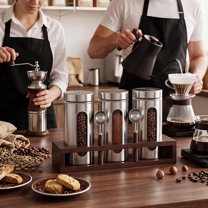 Stainless Steel Coffee Grounds Canisters Container with Shelf | 3 x 50oz, Sugar Coffee Bean Storage Container Set, Airtight Threaded Lid, Glass Window, Scoop, Kitchen Jar for Coffee Bar